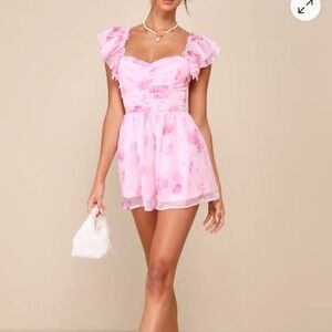 Lulu's Adorable Existence Pink Floral Flutter Sleeve Tie-Back Romper